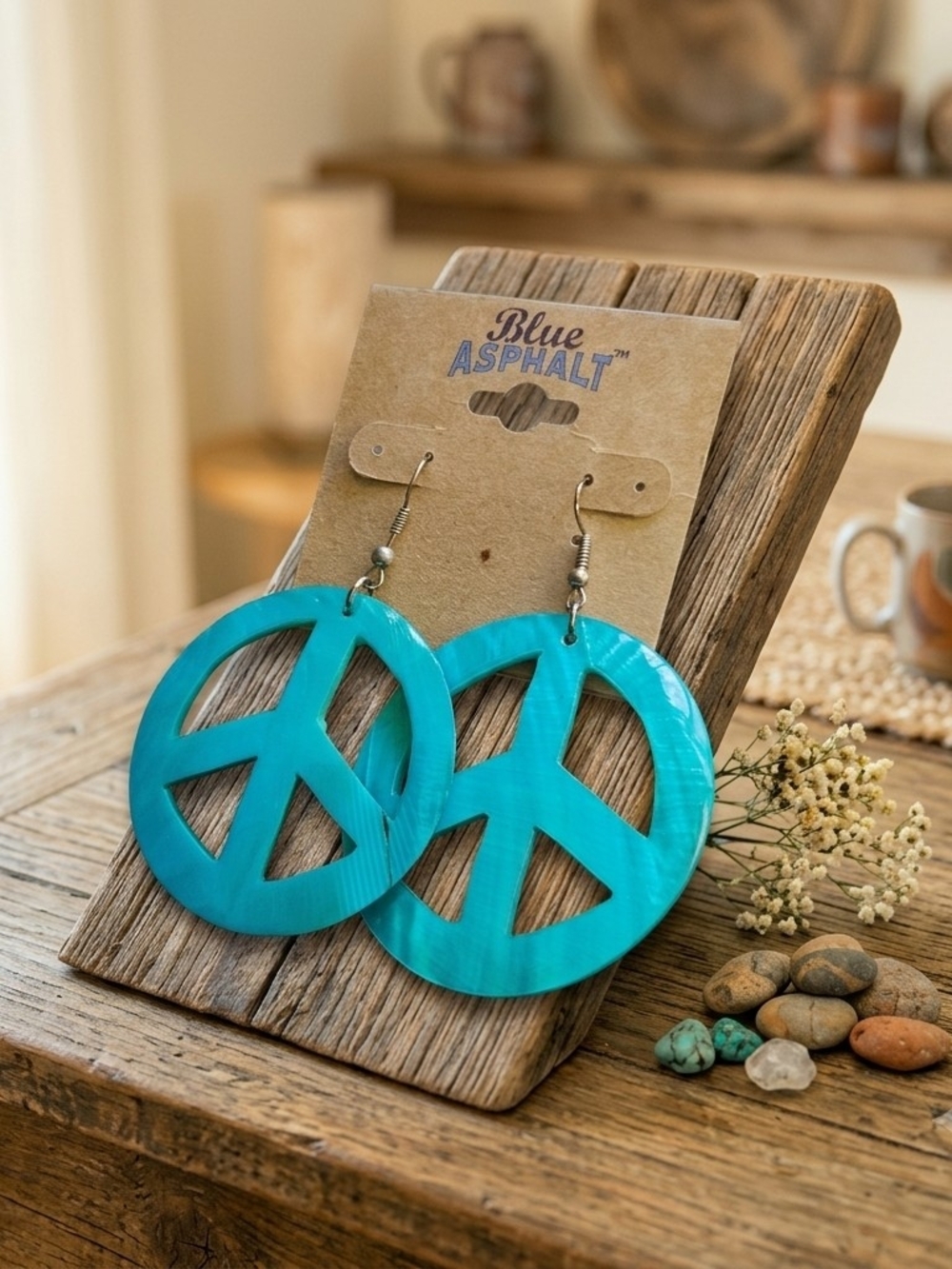 Blue Asphalt Turquoise Peace Sign Drop Earrings
